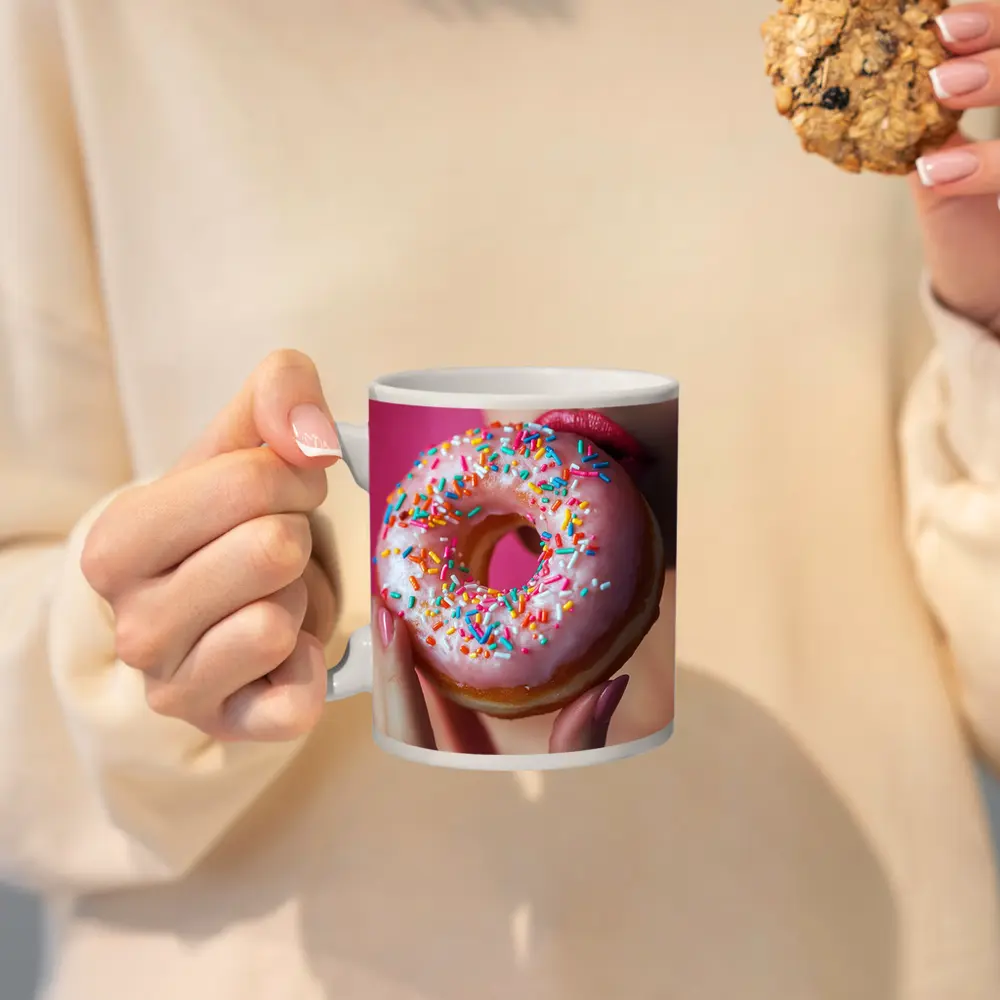 Woman Eating Pink Sprinkle Donut Pink Background – Mugs