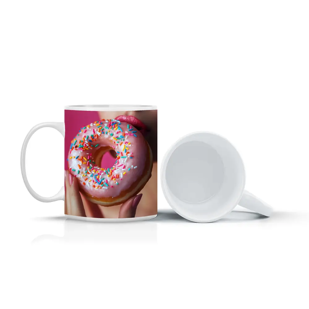 Woman Eating Pink Sprinkle Donut Pink Background – Mugs
