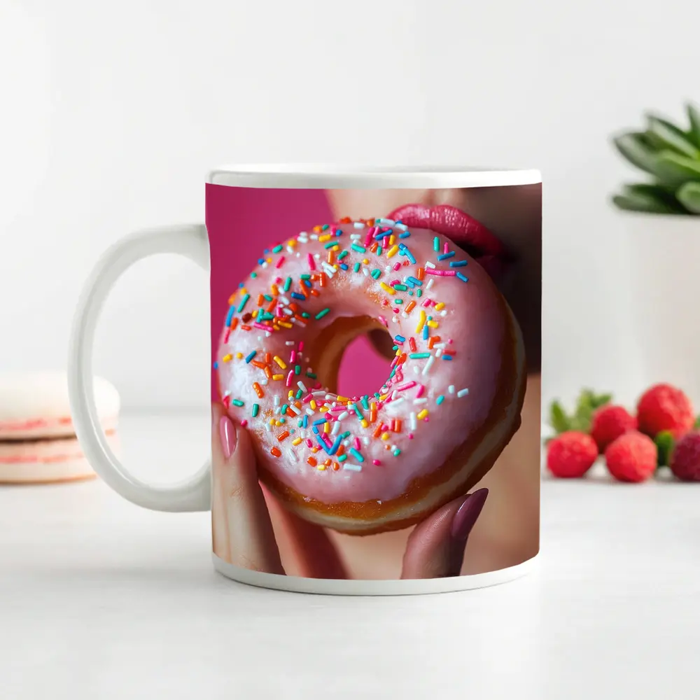 Woman Eating Pink Sprinkle Donut Pink Background – Mugs