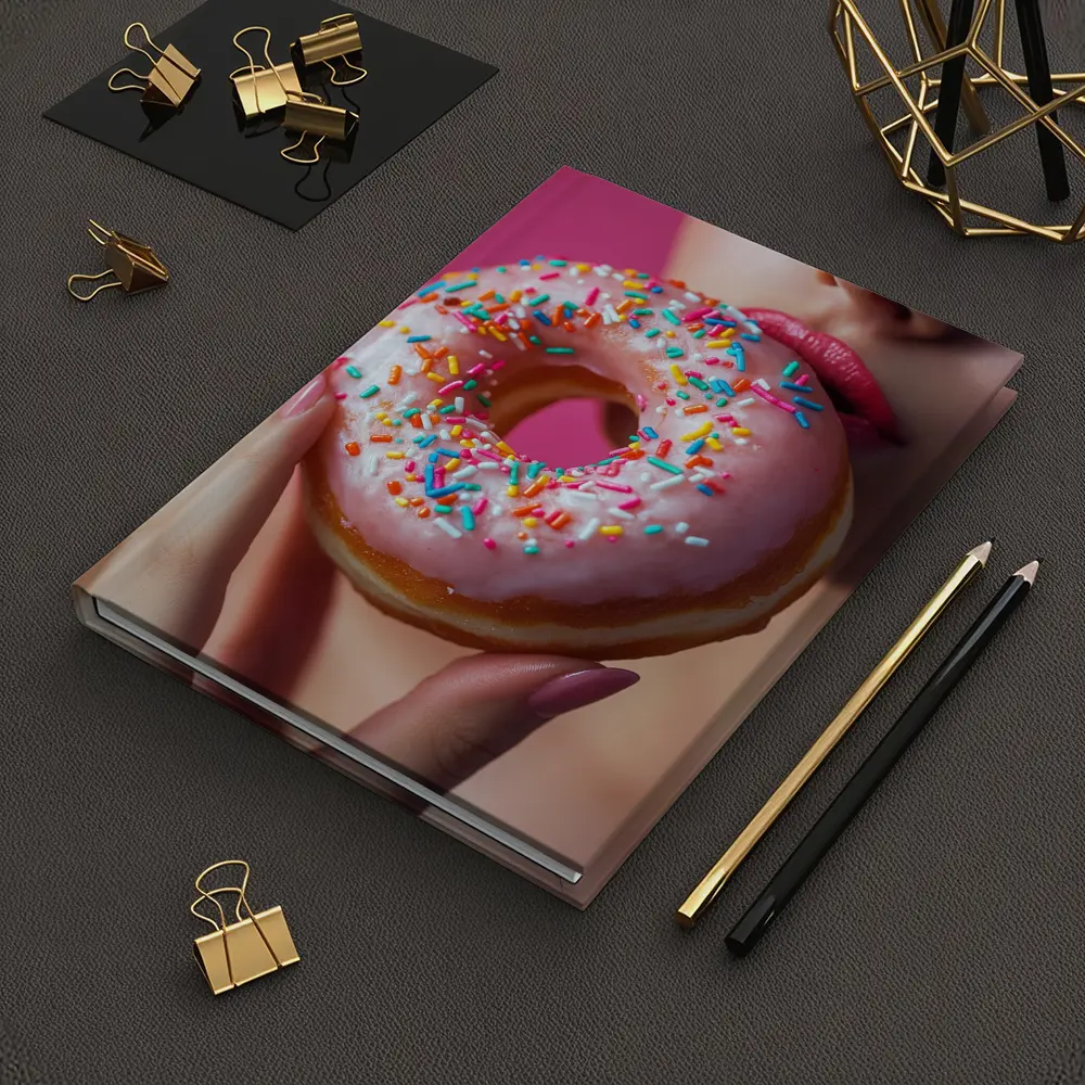 Woman Eating Pink Sprinkle Donut Pink Background – Notebooks