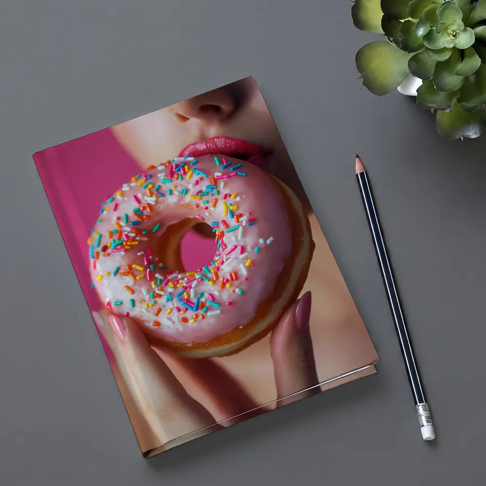 Woman Eating Pink Sprinkle Donut Pink Background – Notebooks
