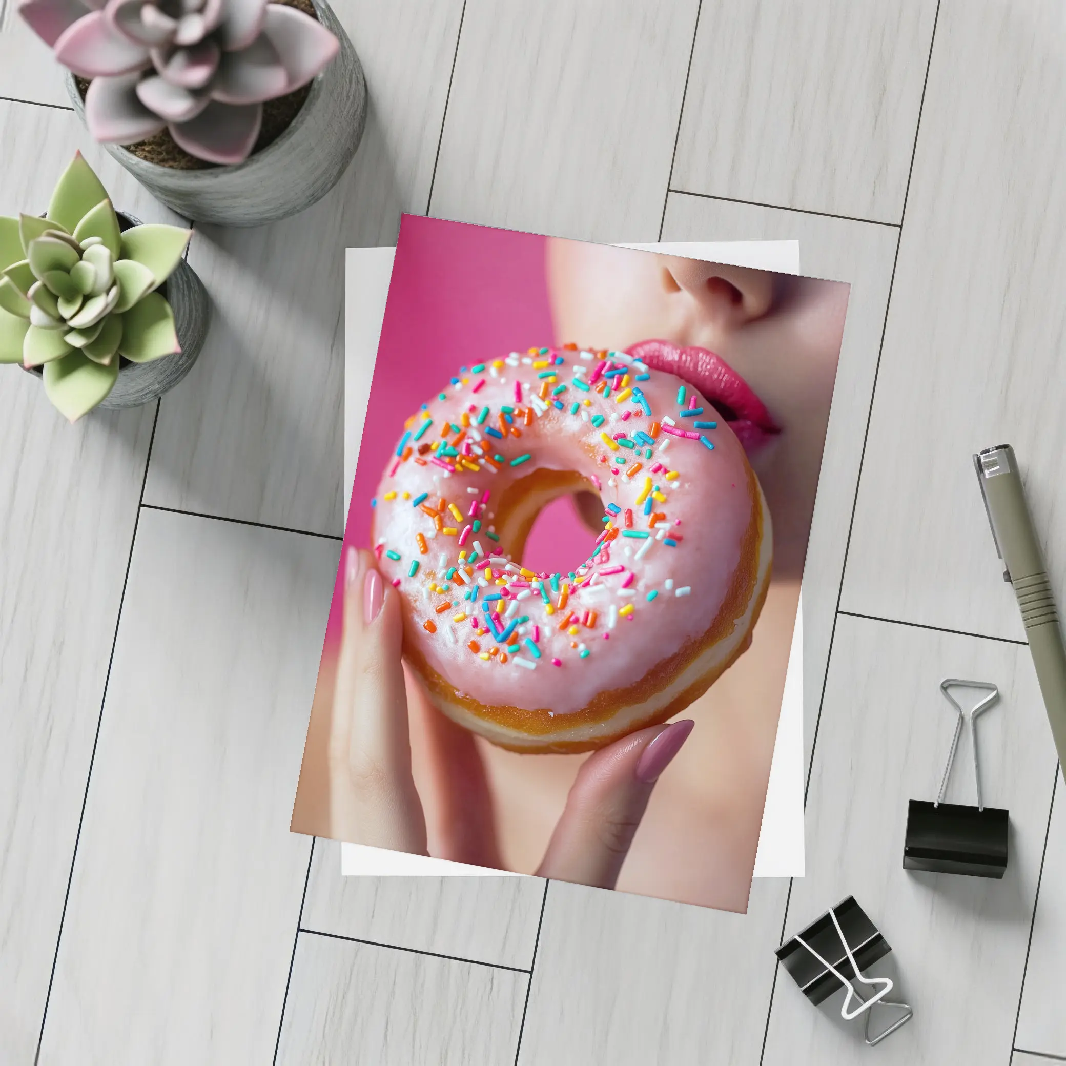 Woman Eating Pink Sprinkle Donut Pink Background – Postcards