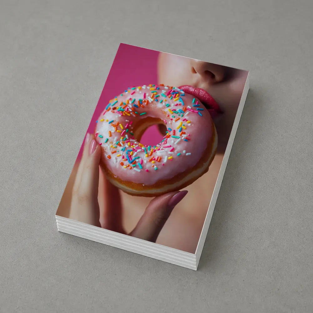 Woman Eating Pink Sprinkle Donut Pink Background – Postcards