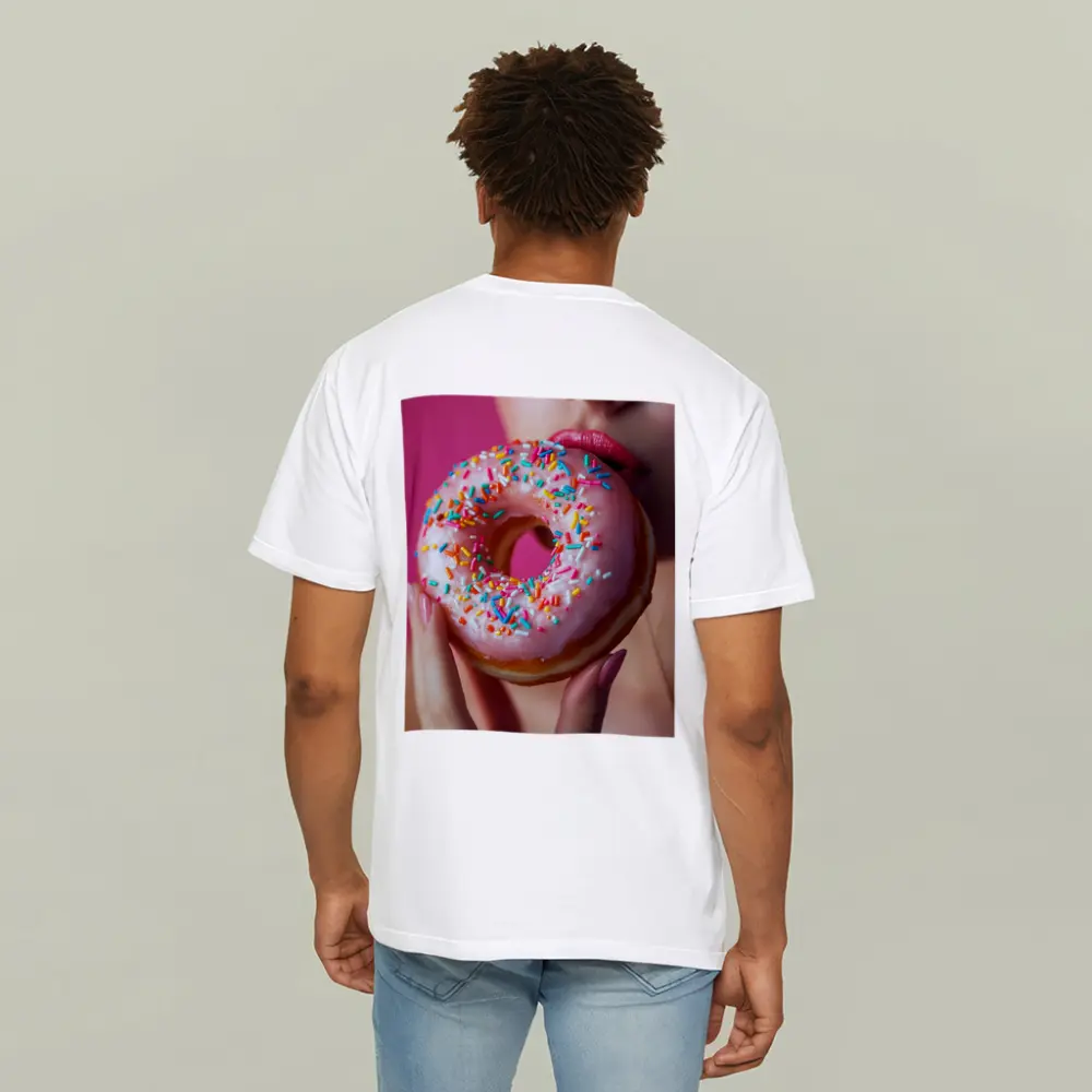 Woman Eating Pink Sprinkle Donut Pink Background – T-Shirts