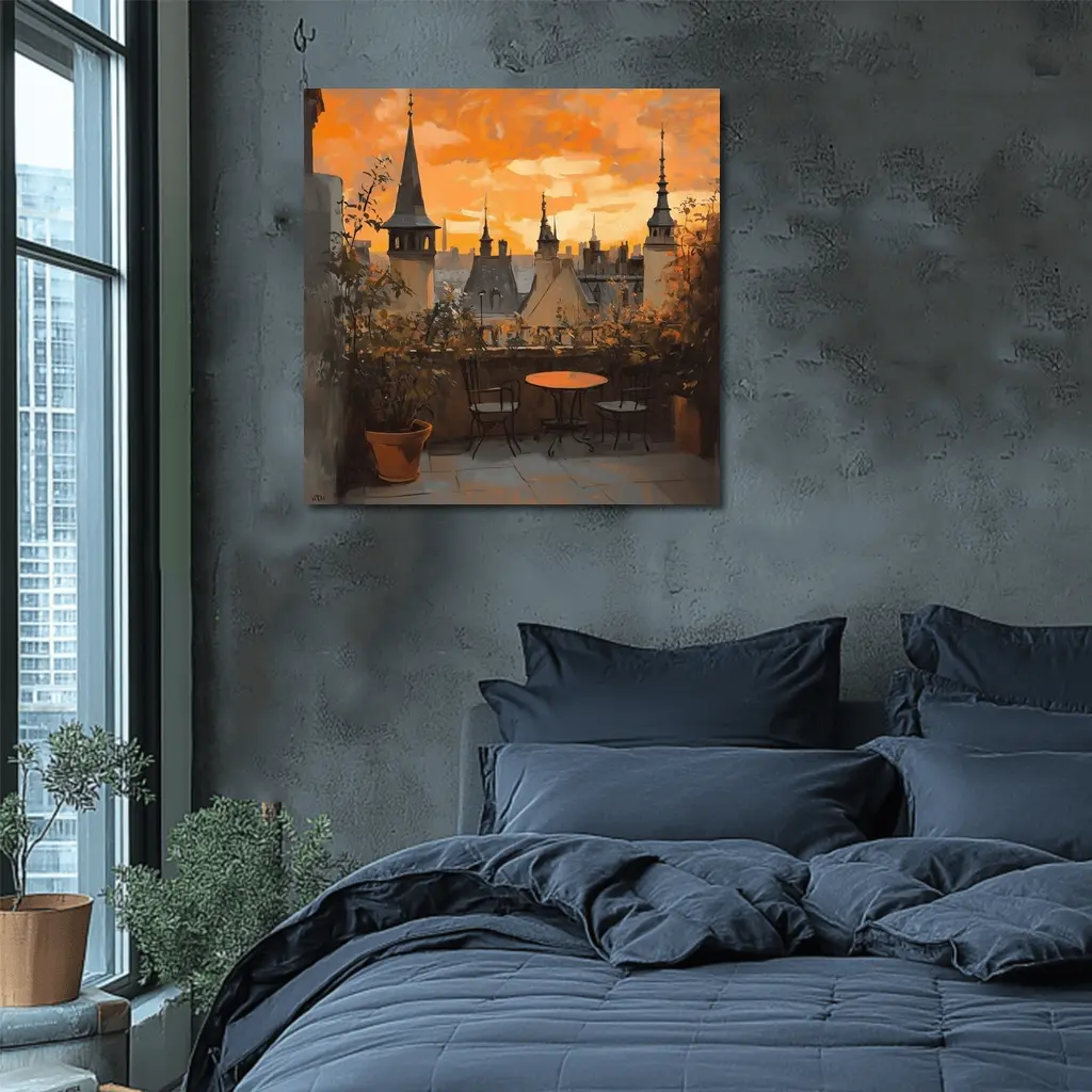 Paris Rooftop Terrace Golden Sunset Oil Painting – Wall Art