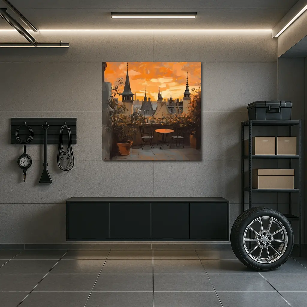 Paris Rooftop Terrace Golden Sunset Oil Painting – Wall Art