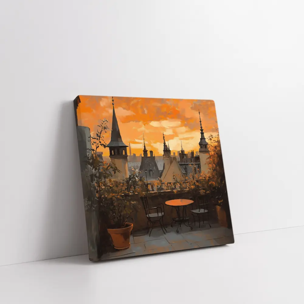 Paris Rooftop Terrace Golden Sunset Oil Painting – Wall Art