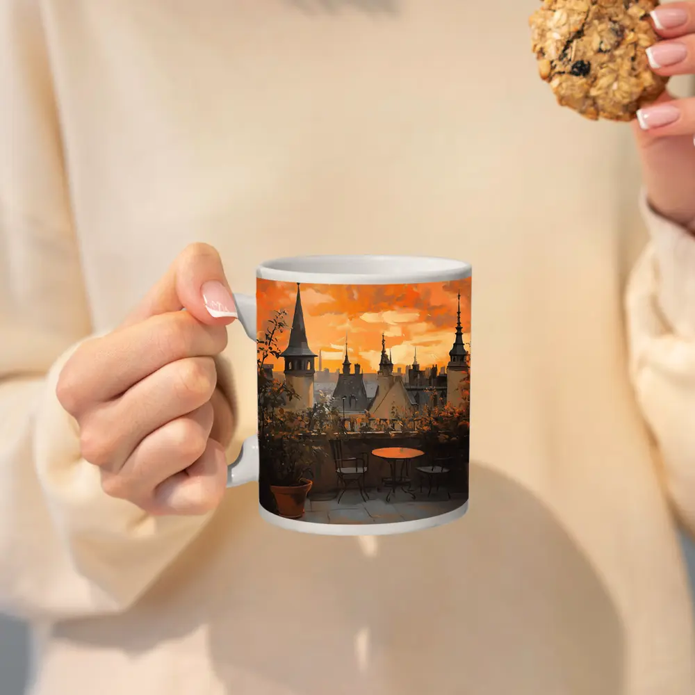 Paris Rooftop Terrace Golden Sunset Oil Painting – Mugs