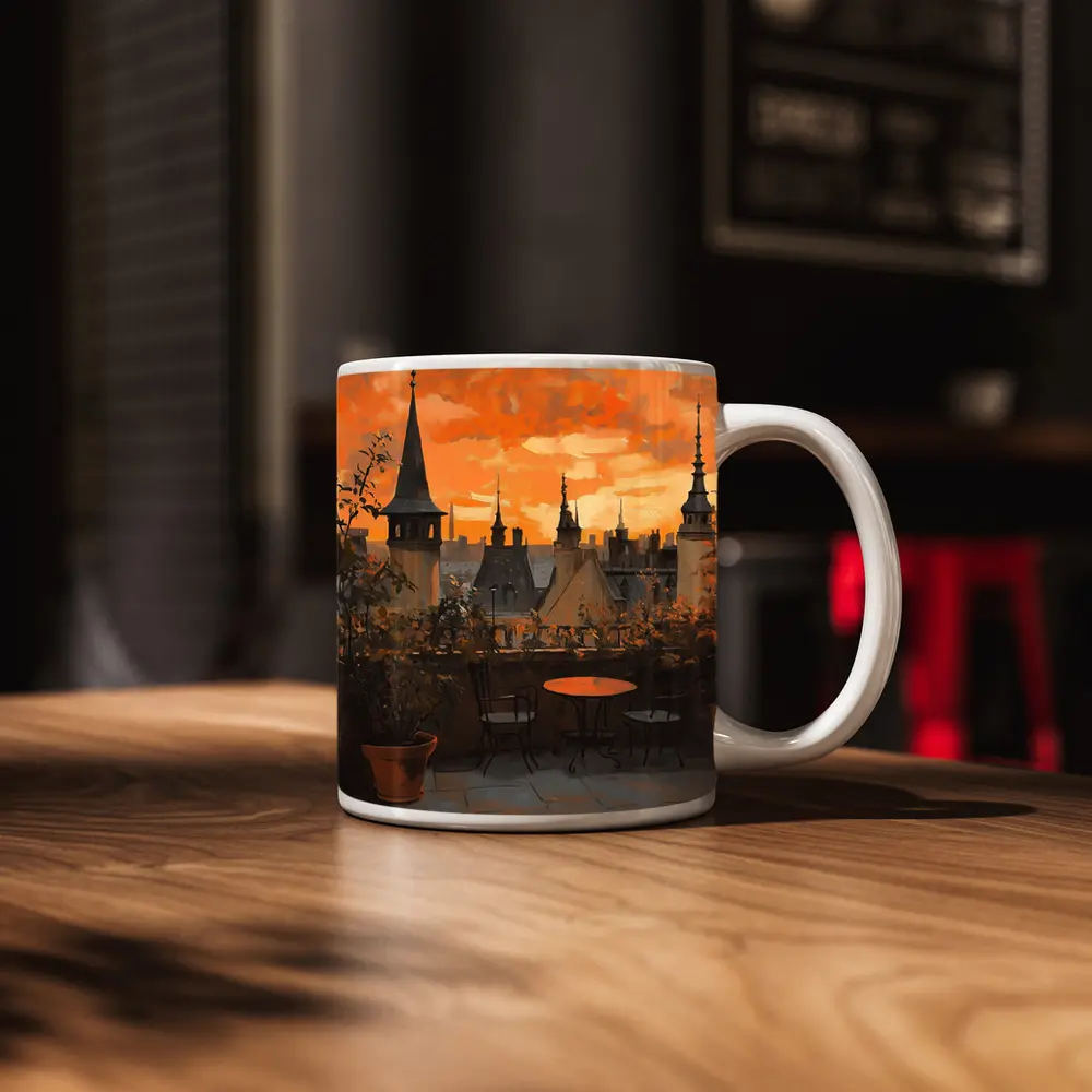 Paris Rooftop Terrace Golden Sunset Oil Painting – Mugs