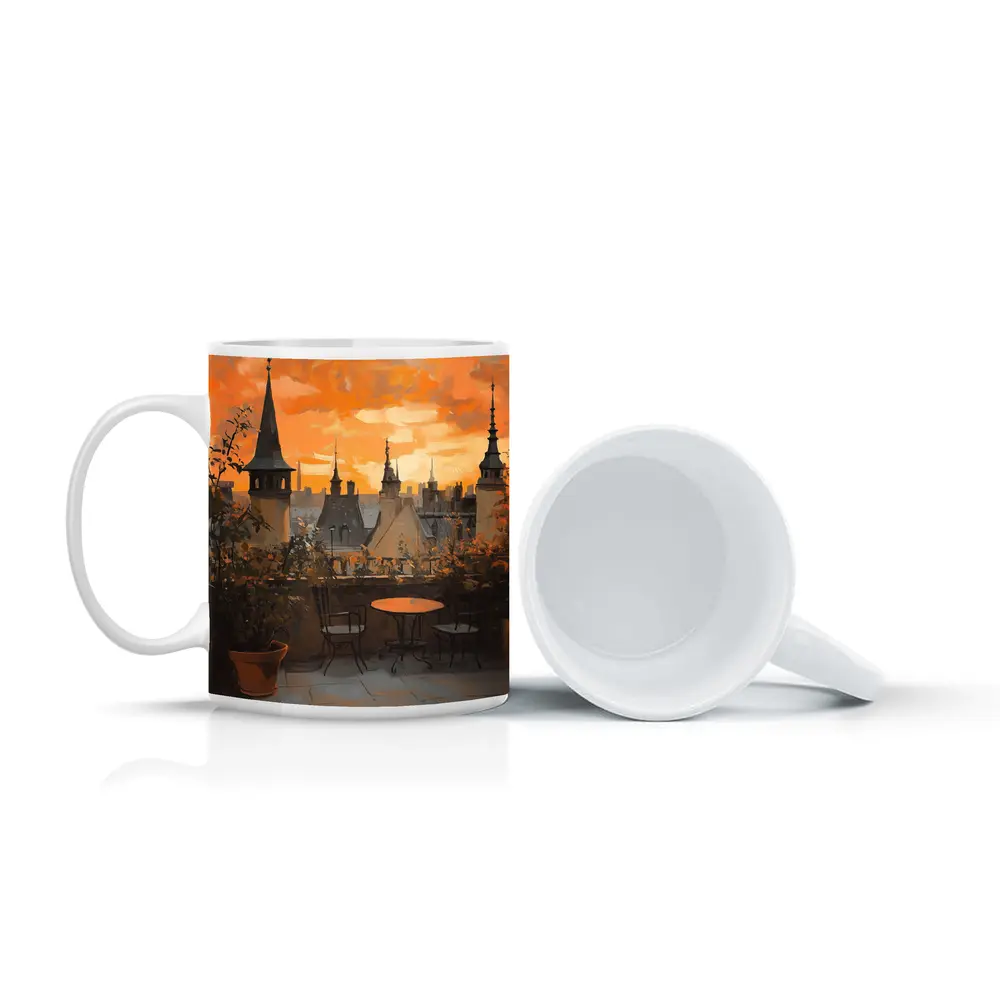 Paris Rooftop Terrace Golden Sunset Oil Painting – Mugs