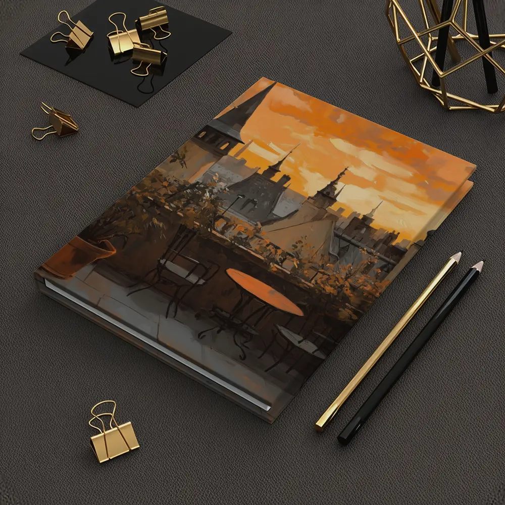 Paris Rooftop Terrace Golden Sunset Oil Painting – Notebooks