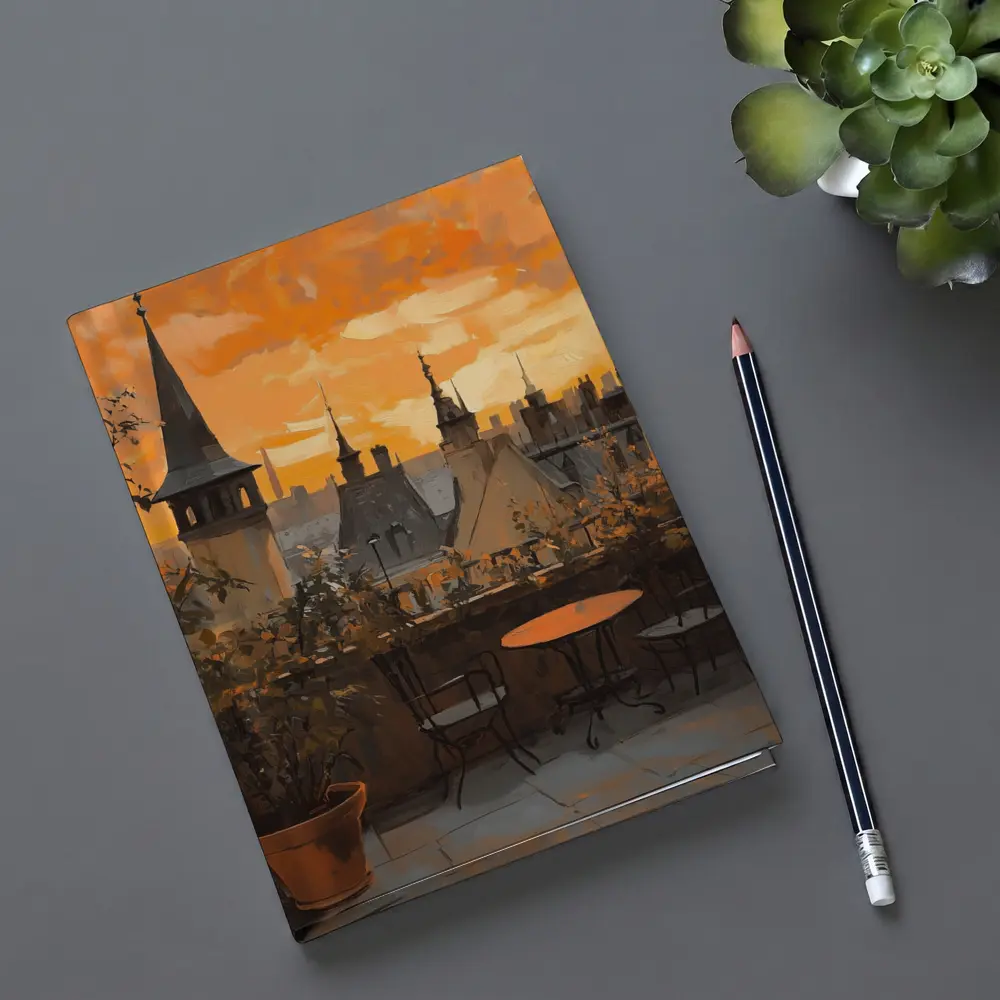 Paris Rooftop Terrace Golden Sunset Oil Painting – Notebooks