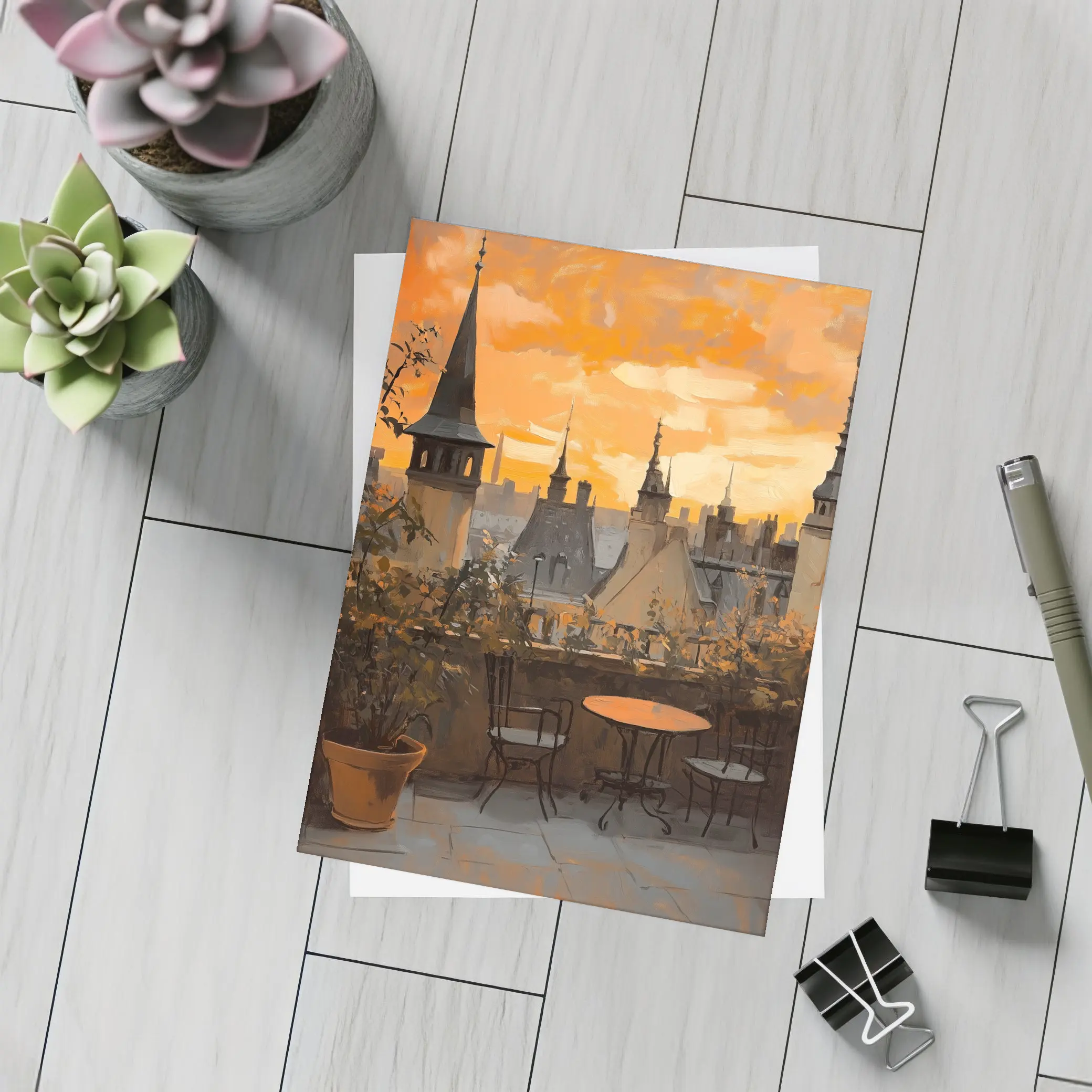 Paris Rooftop Terrace Golden Sunset Oil Painting – Postcards