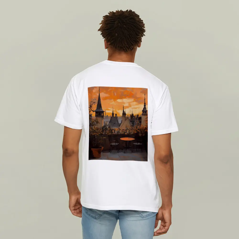 Paris Rooftop Terrace Golden Sunset Oil Painting – T-Shirts