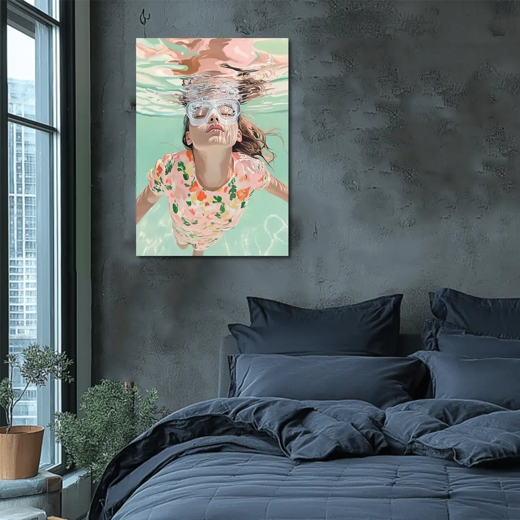 Girl Swimming Underwater Floral Shirt Pool – Wall Art
