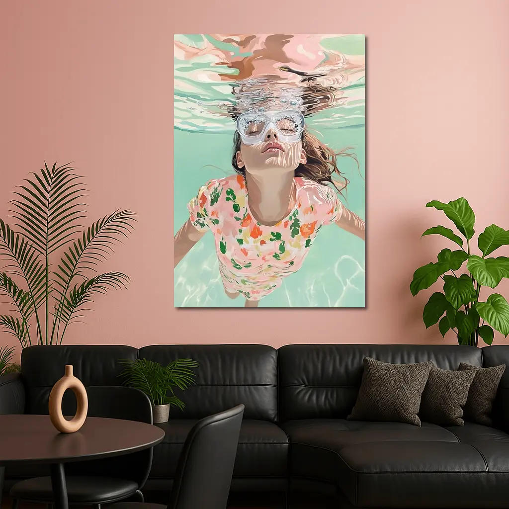 Girl Swimming Underwater Floral Shirt Pool – Wall Art