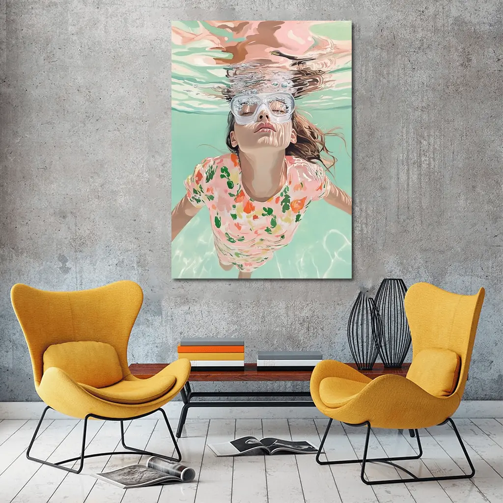 Girl Swimming Underwater Floral Shirt Pool – Wall Art