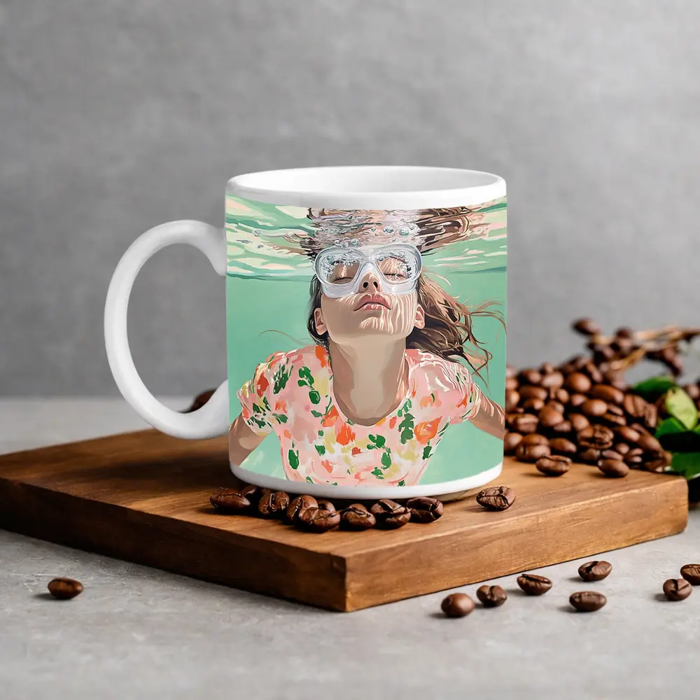 Girl Swimming Underwater Floral Shirt Pool – Mugs
