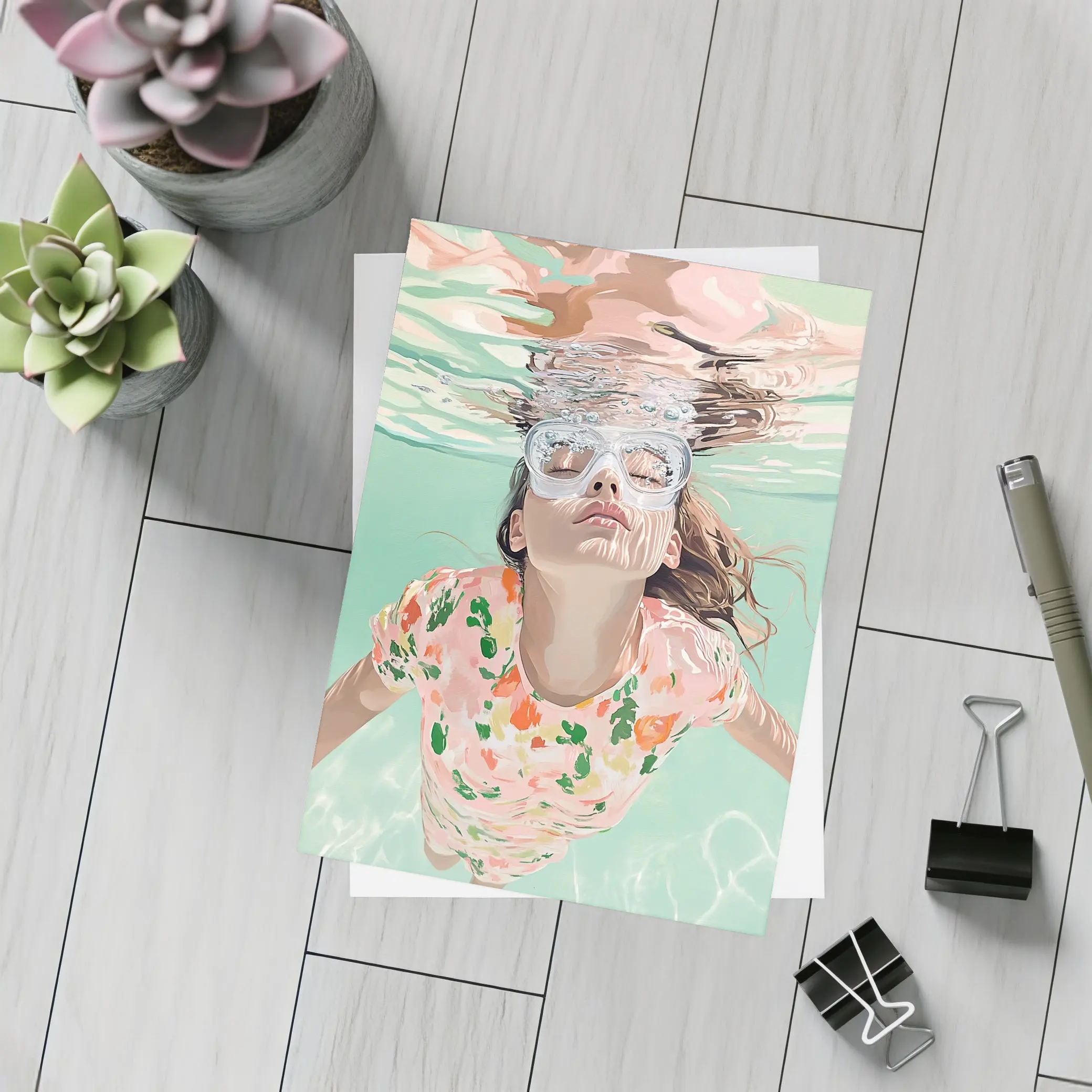 Girl Swimming Underwater Floral Shirt Pool – Postcards