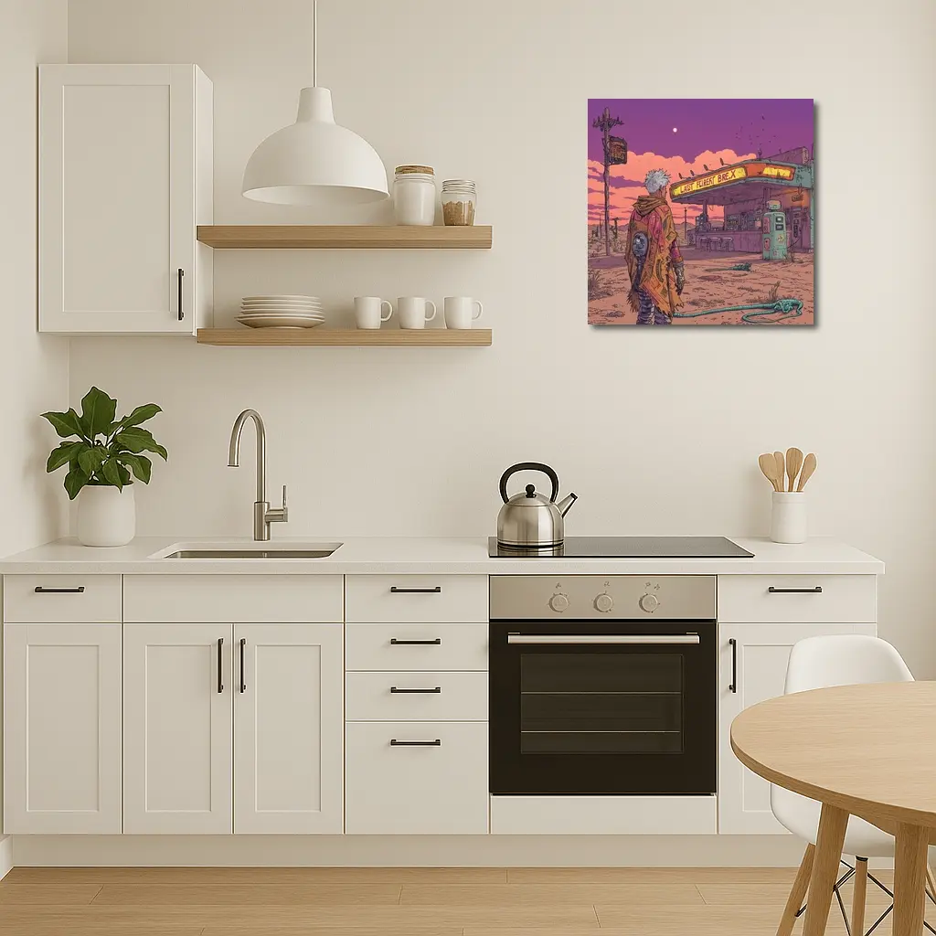Cyberpunk Anime Figure Abandoned Desert Gas Station – Wall Art