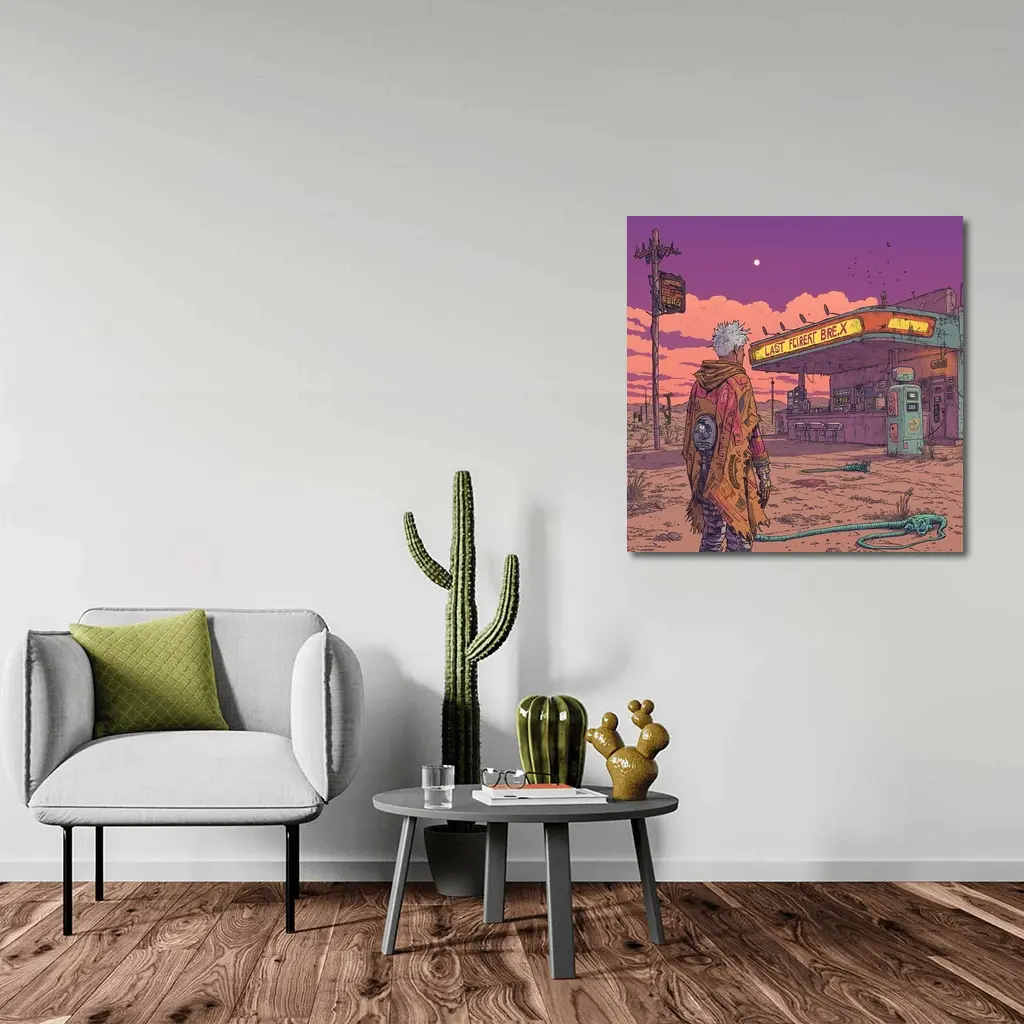 Cyberpunk Anime Figure Abandoned Desert Gas Station – Wall Art