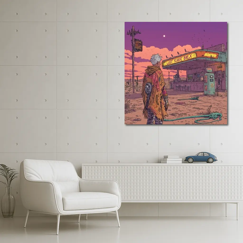 Cyberpunk Anime Figure Abandoned Desert Gas Station – Wall Art