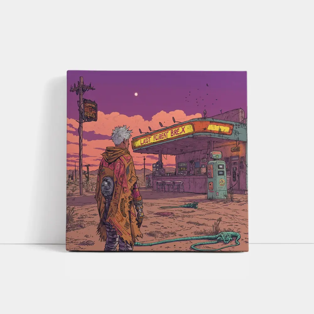 Cyberpunk Anime Figure Abandoned Desert Gas Station – Wall Art