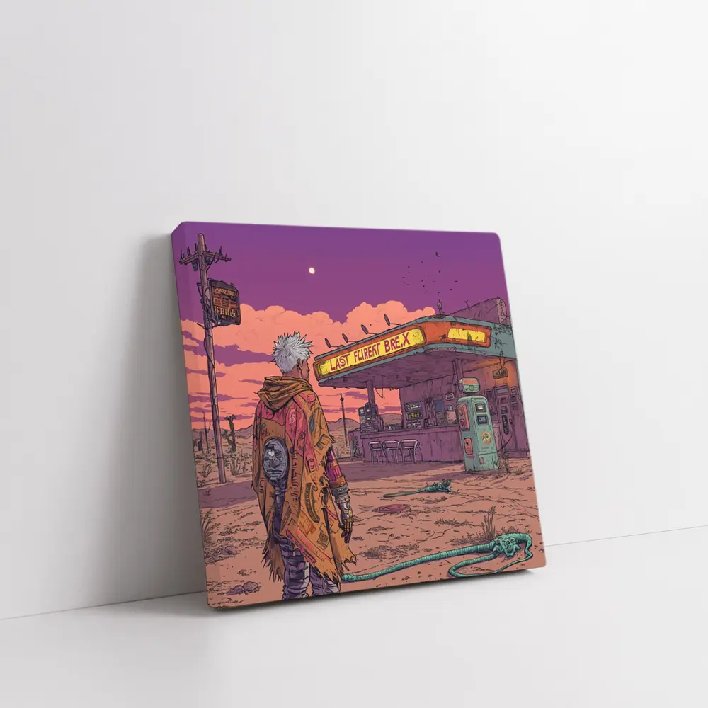 Cyberpunk Anime Figure Abandoned Desert Gas Station – Wall Art