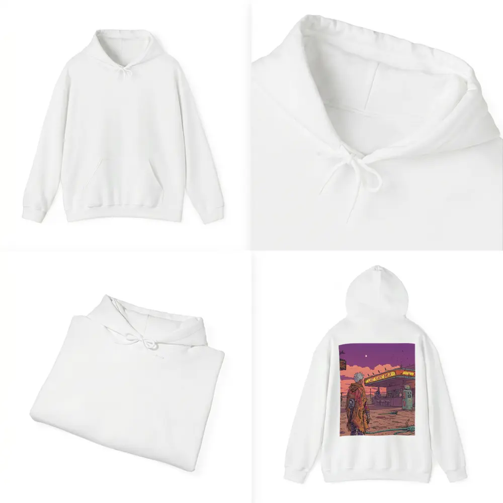 Cyberpunk Anime Figure Abandoned Desert Gas Station – Hoodies