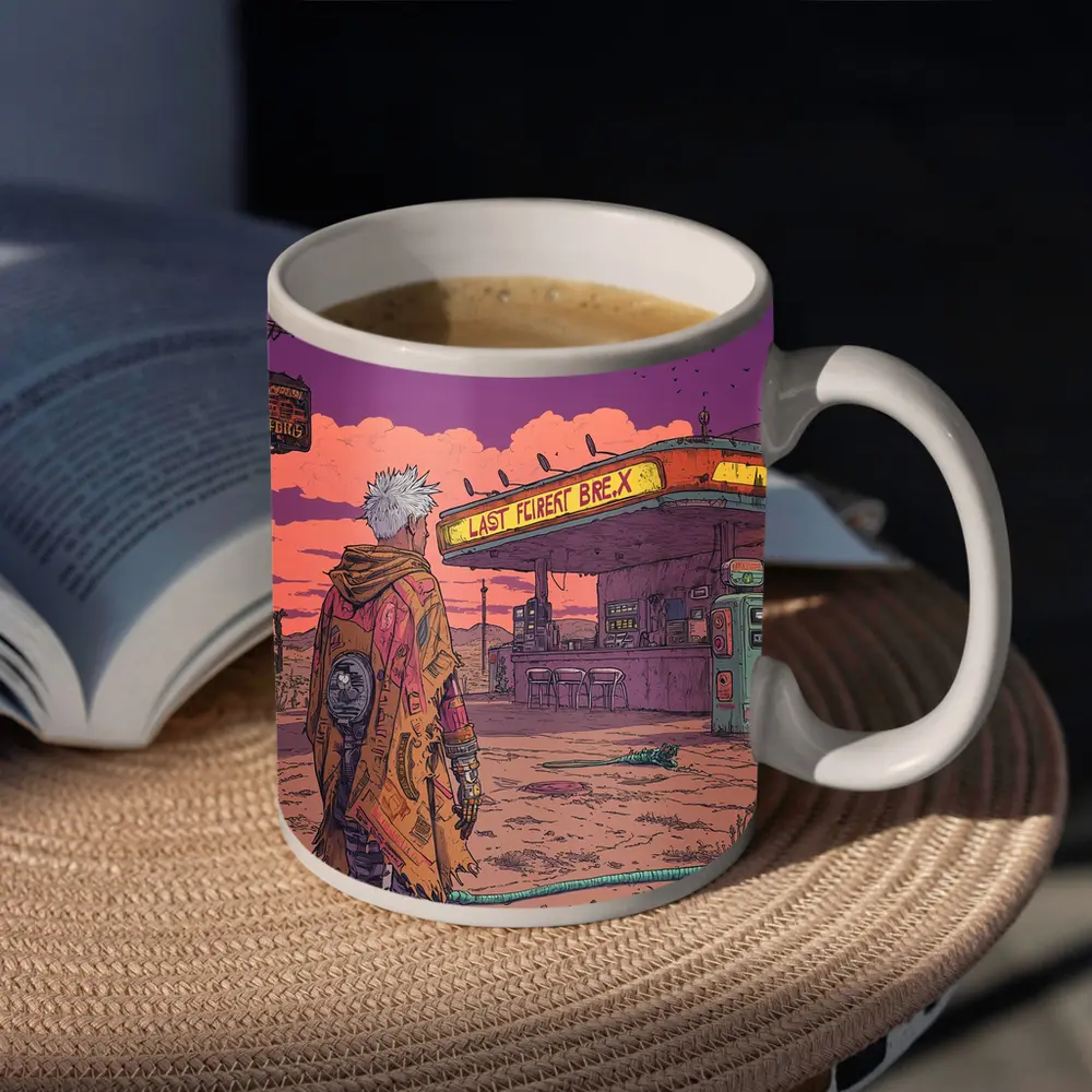 Cyberpunk Anime Figure Abandoned Desert Gas Station – Mugs