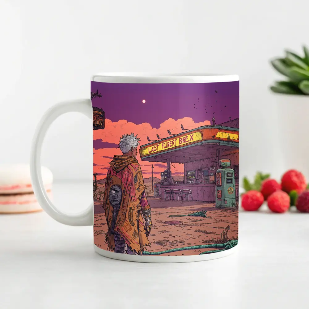 Cyberpunk Anime Figure Abandoned Desert Gas Station – Mugs