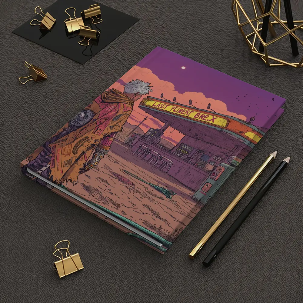 Cyberpunk Anime Figure Abandoned Desert Gas Station – Notebooks