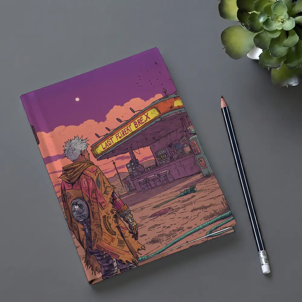 Cyberpunk Anime Figure Abandoned Desert Gas Station – Notebooks
