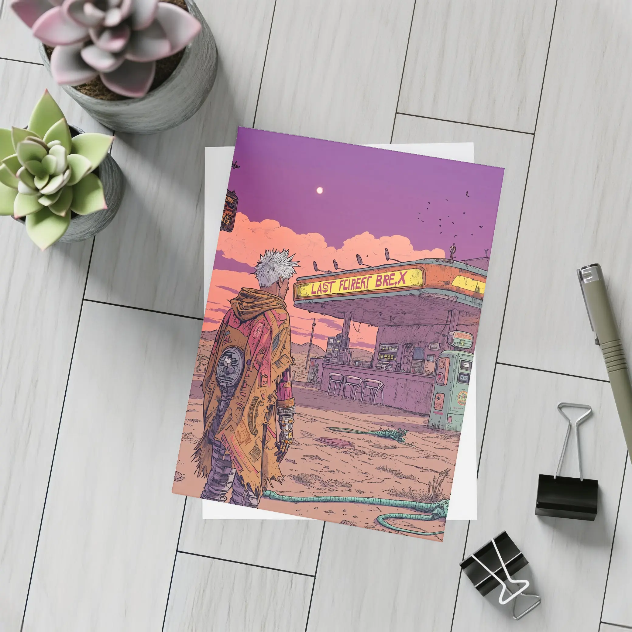 Cyberpunk Anime Figure Abandoned Desert Gas Station – Postcards