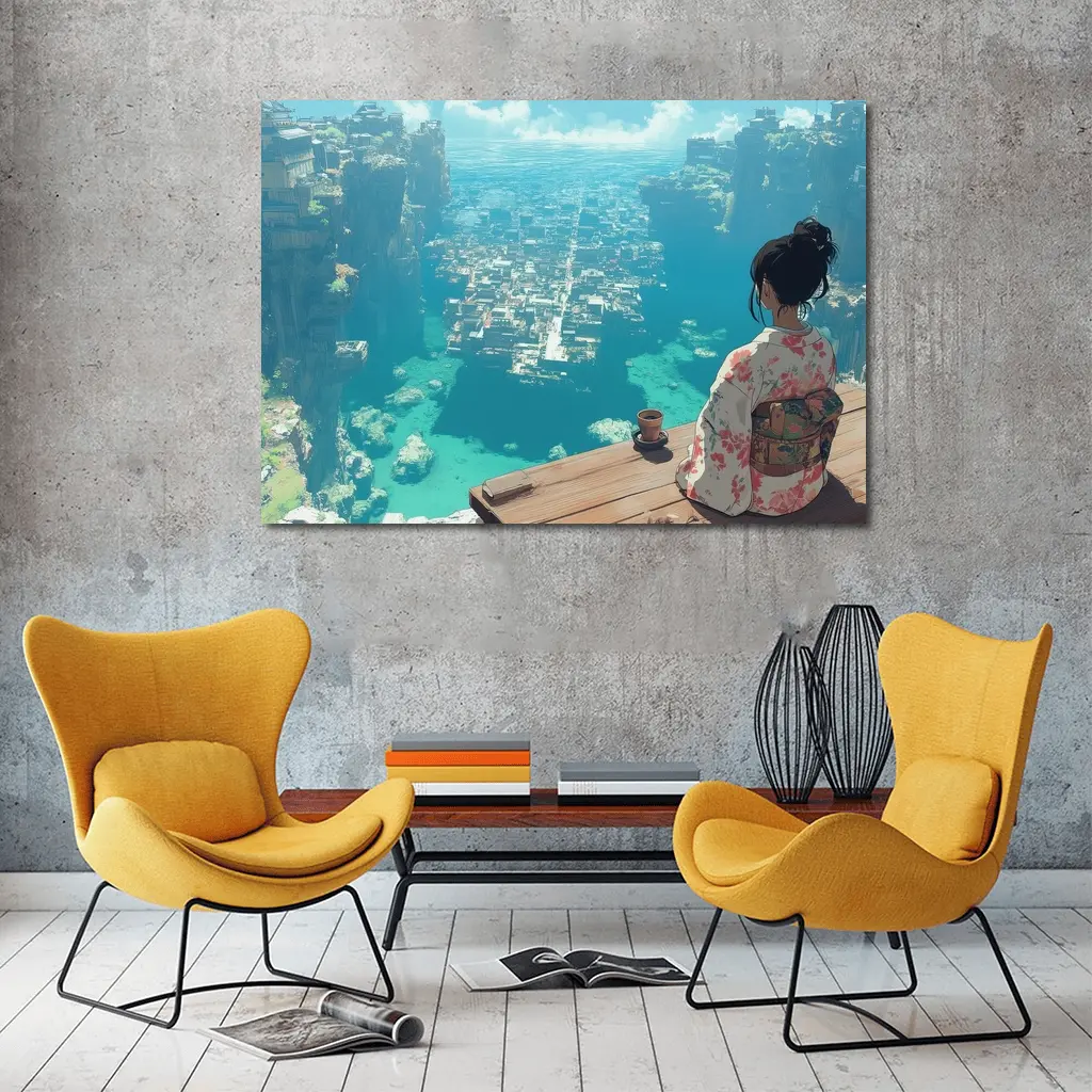 Anime Girl Kimono Cliffside Ocean City View – Wall Art