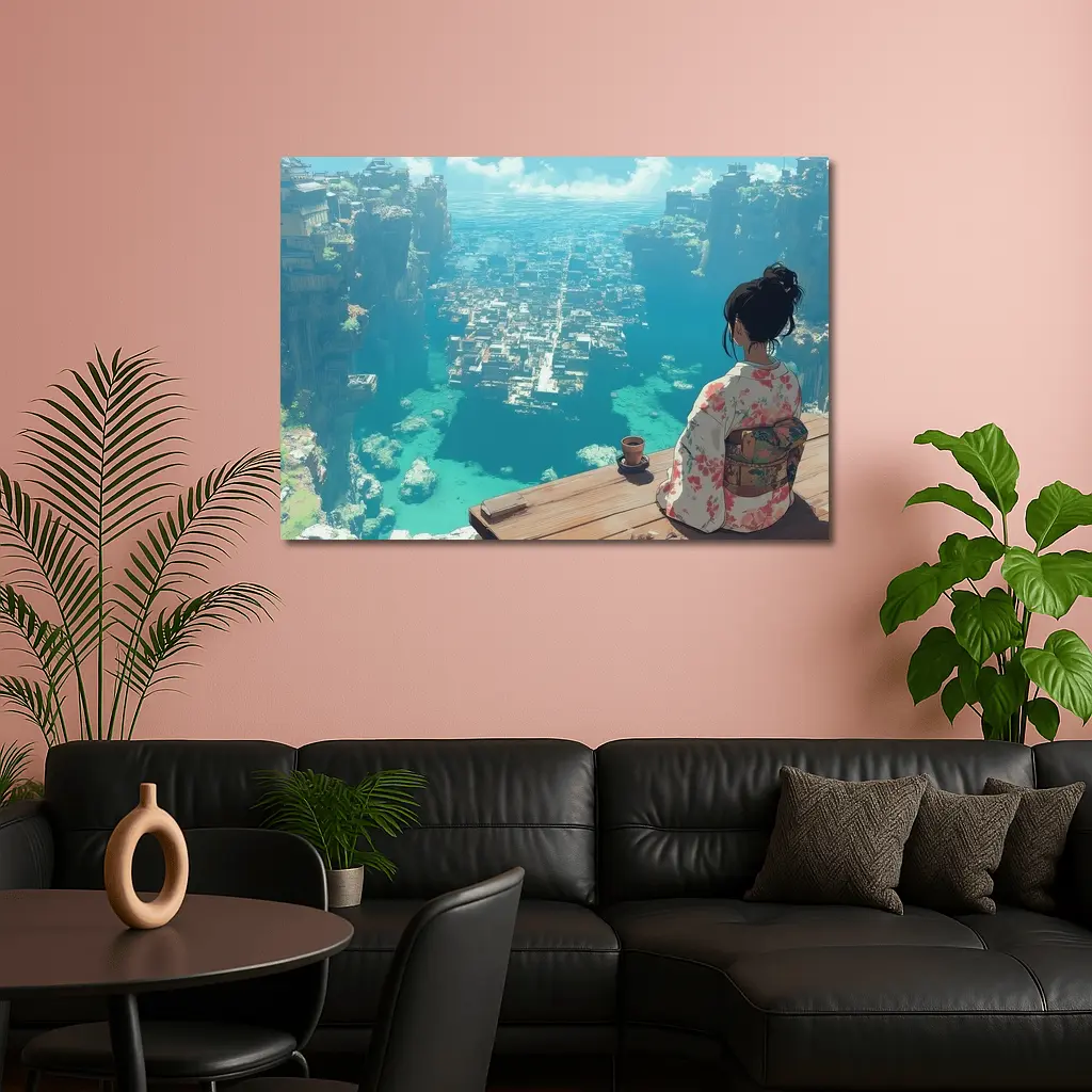Anime Girl Kimono Cliffside Ocean City View – Wall Art