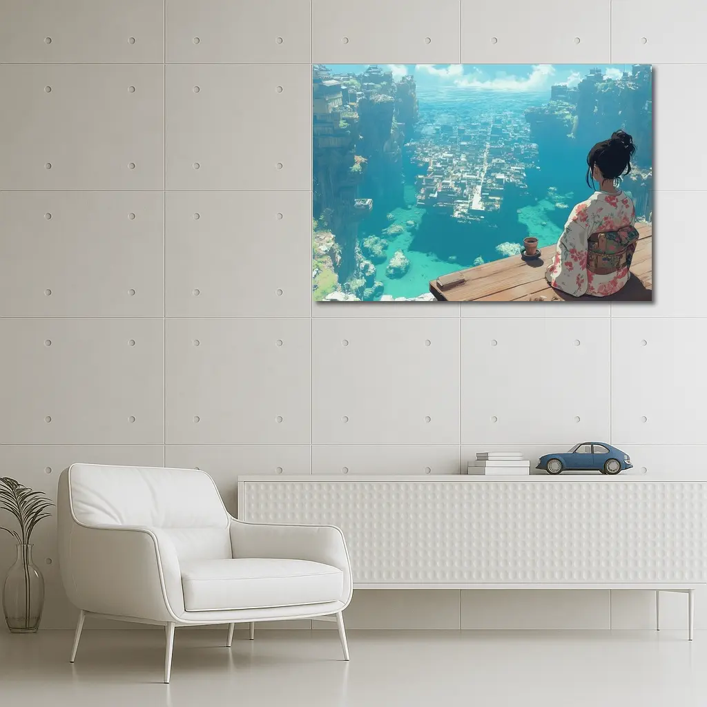 Anime Girl Kimono Cliffside Ocean City View – Wall Art