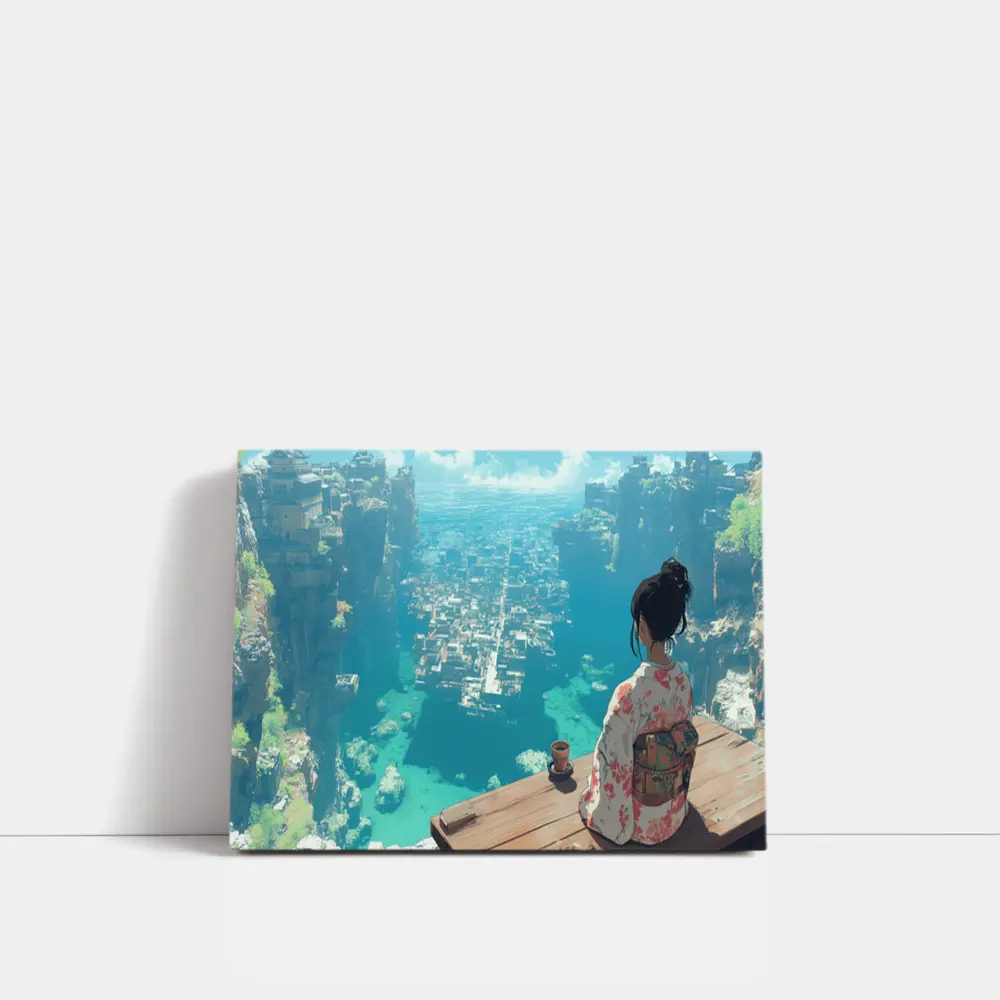 Anime Girl Kimono Cliffside Ocean City View – Wall Art
