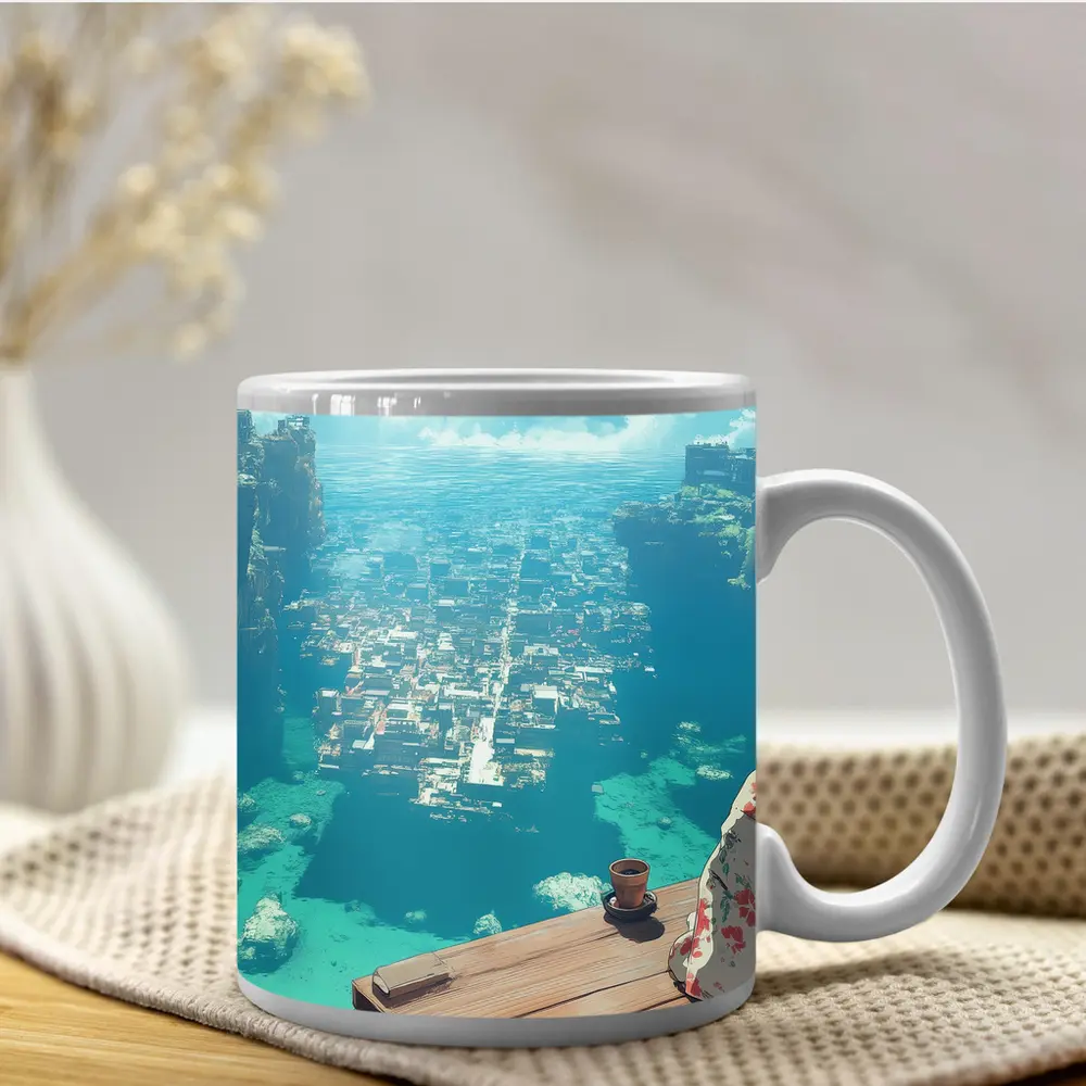 Anime Girl Kimono Cliffside Ocean City View – Mugs