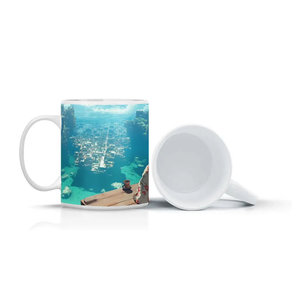 Anime Girl Kimono Cliffside Ocean City View – Mugs