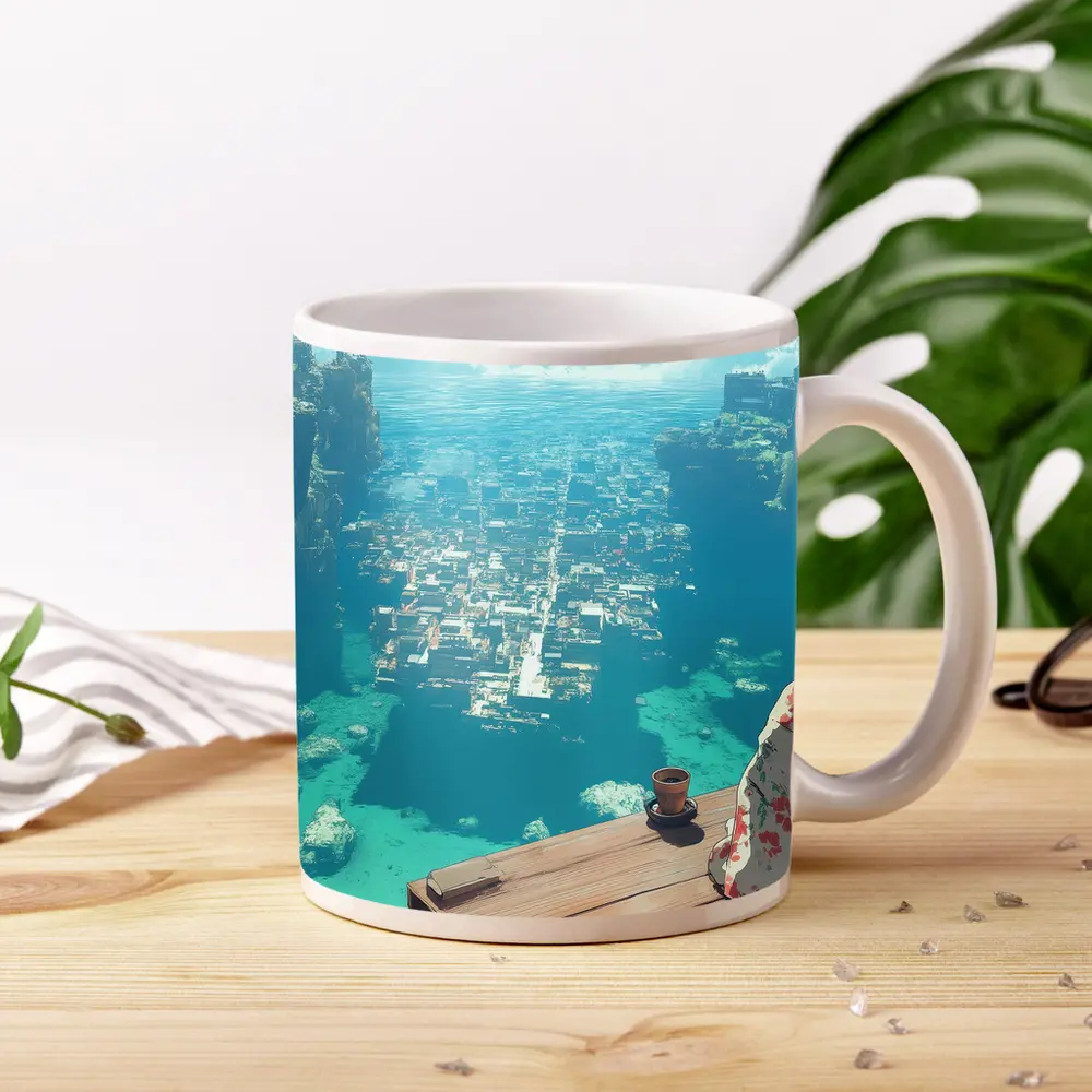Anime Girl Kimono Cliffside Ocean City View – Mugs