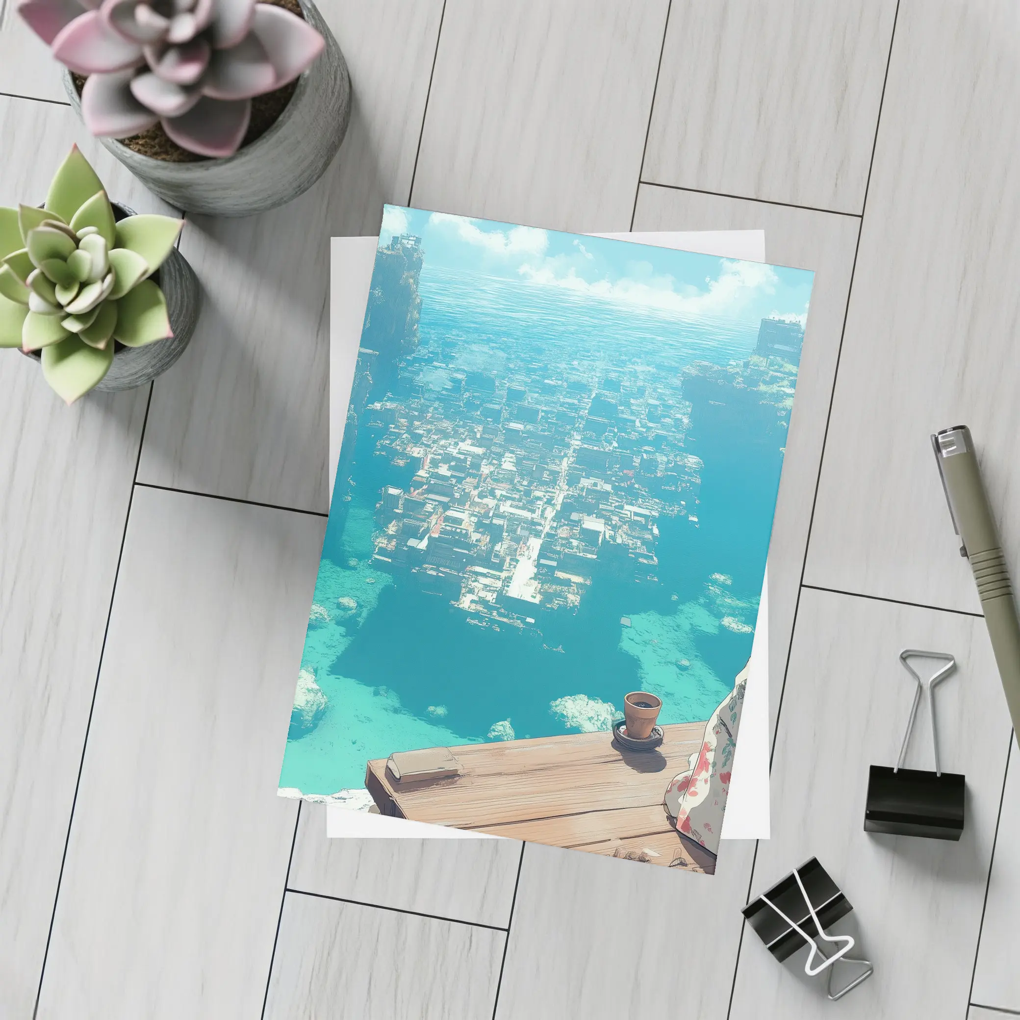 Anime Girl Kimono Cliffside Ocean City View – Postcards