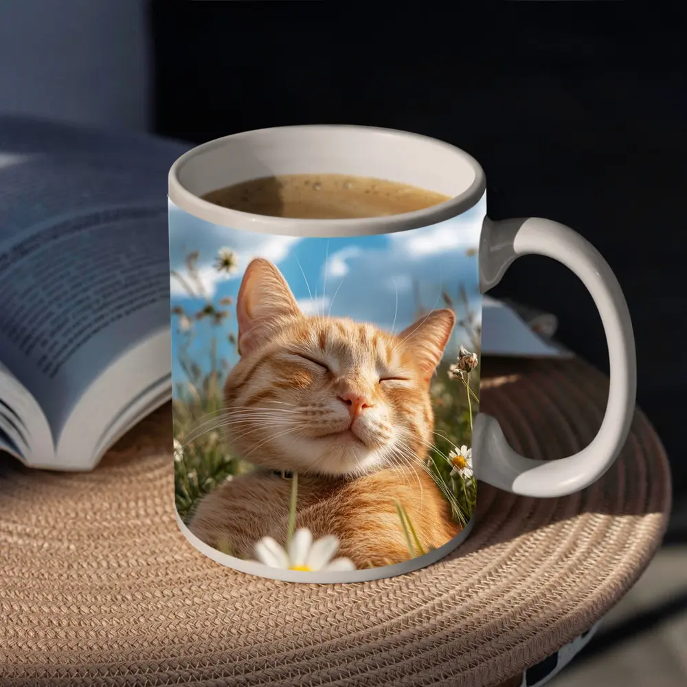 Orange Tabby Cat Resting In Daisy Field – Mugs