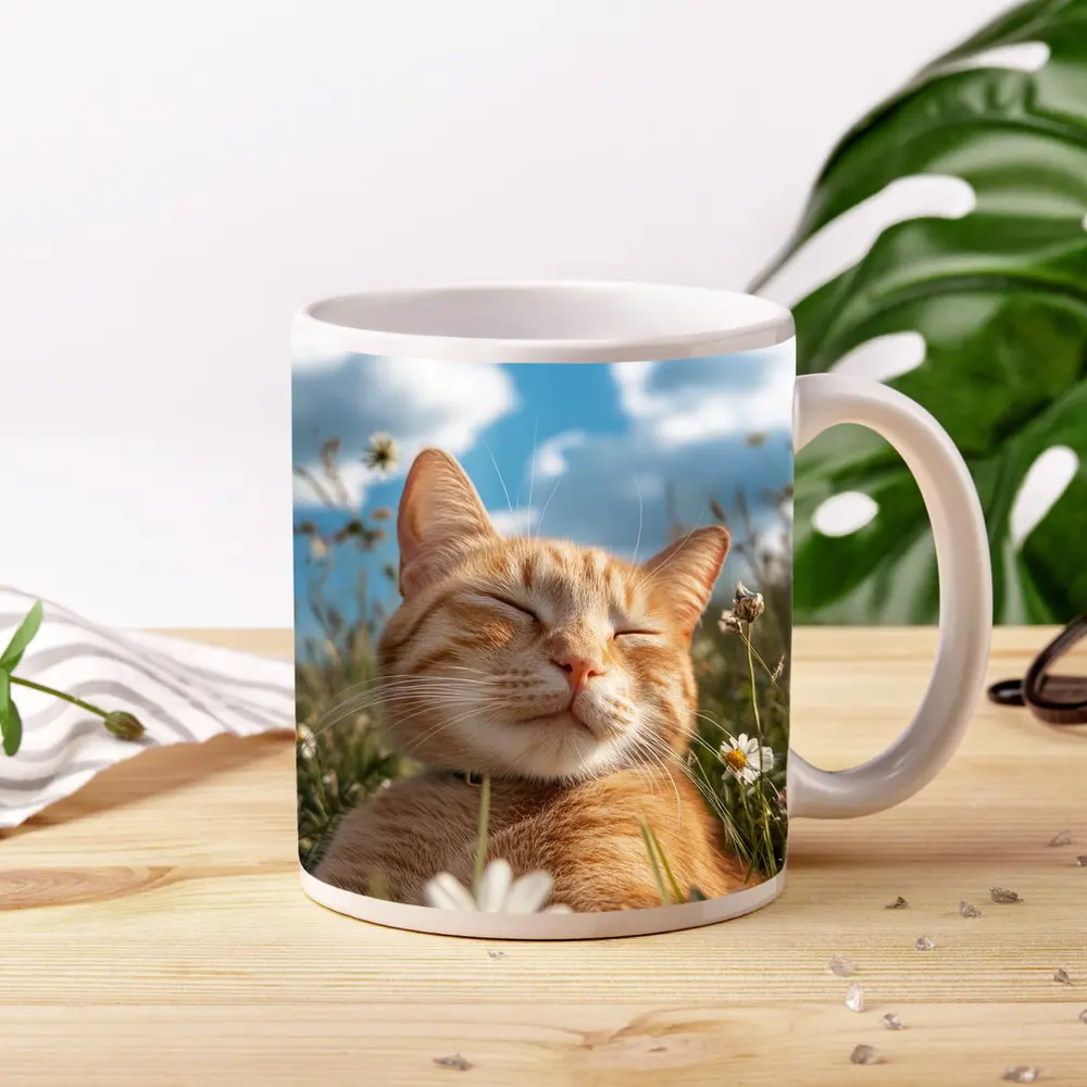 Orange Tabby Cat Resting In Daisy Field – Mugs