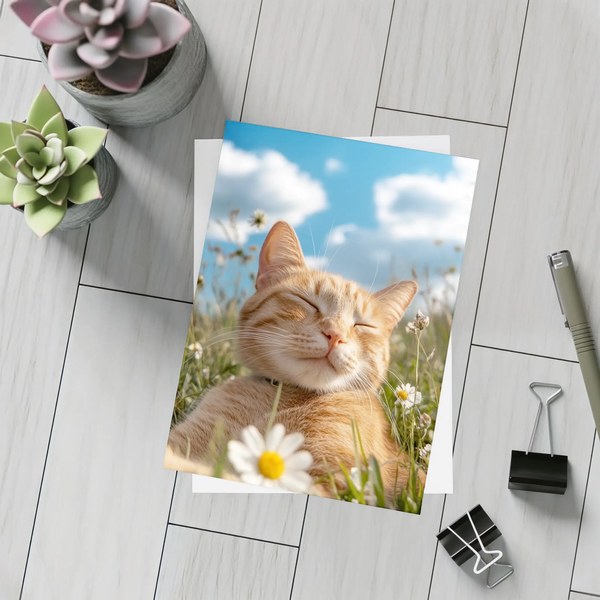 Orange Tabby Cat Resting In Daisy Field – Postcards