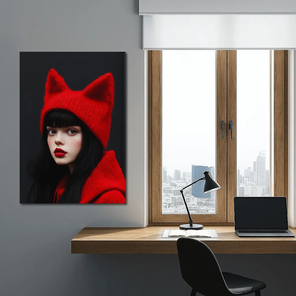 Girl Red Cat Ear Knit Hat Portrait – Wall Art