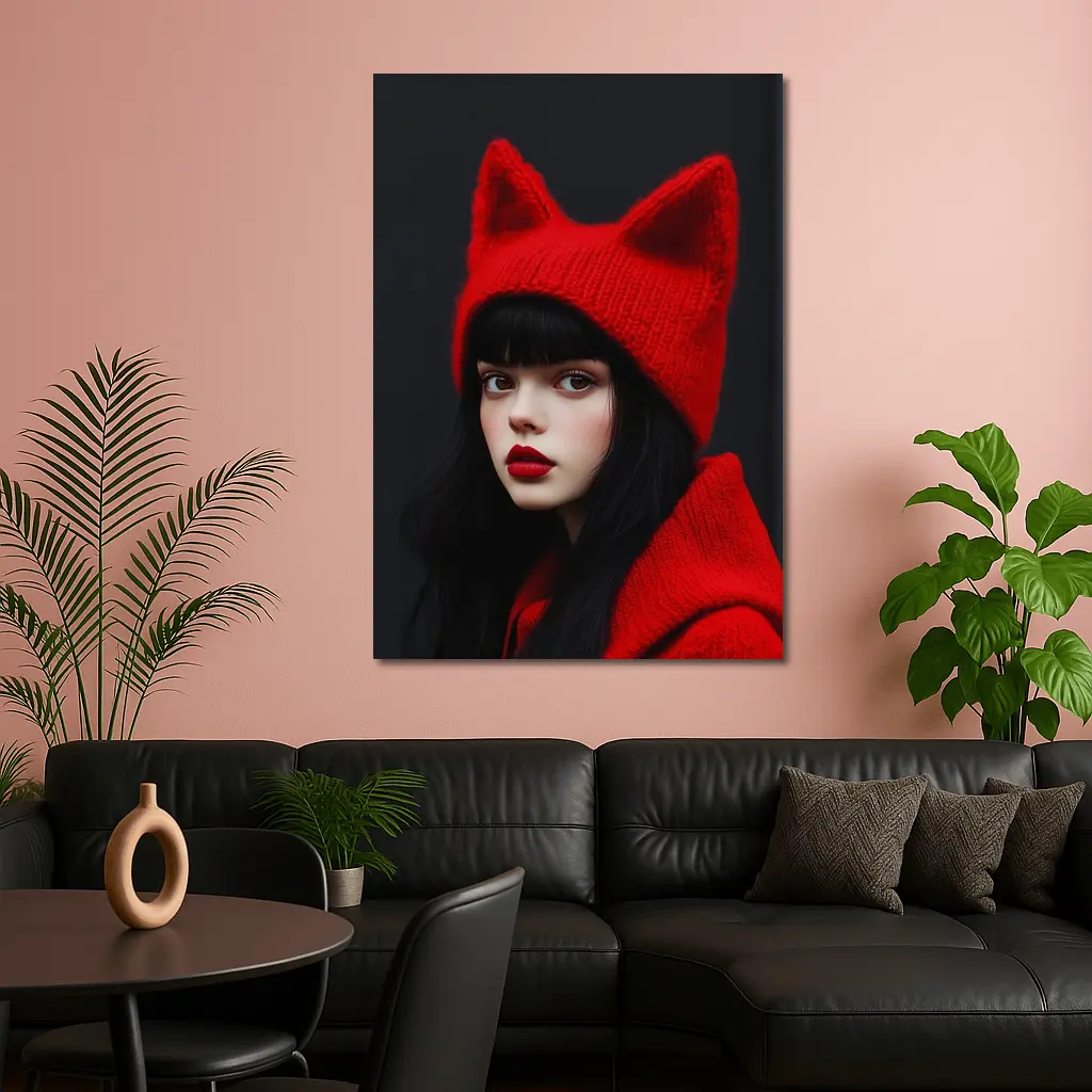 Girl Red Cat Ear Knit Hat Portrait – Wall Art