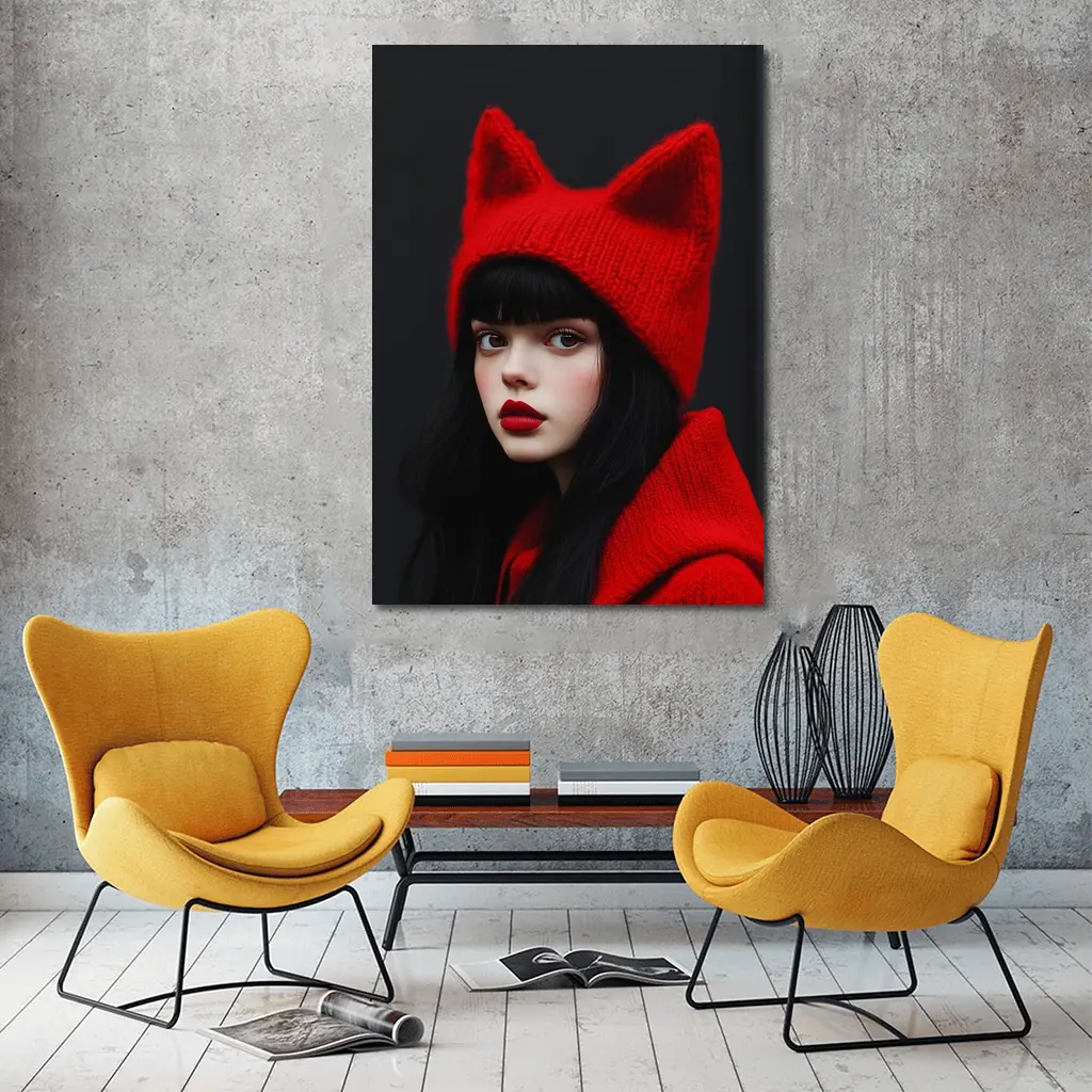 Girl Red Cat Ear Knit Hat Portrait – Wall Art