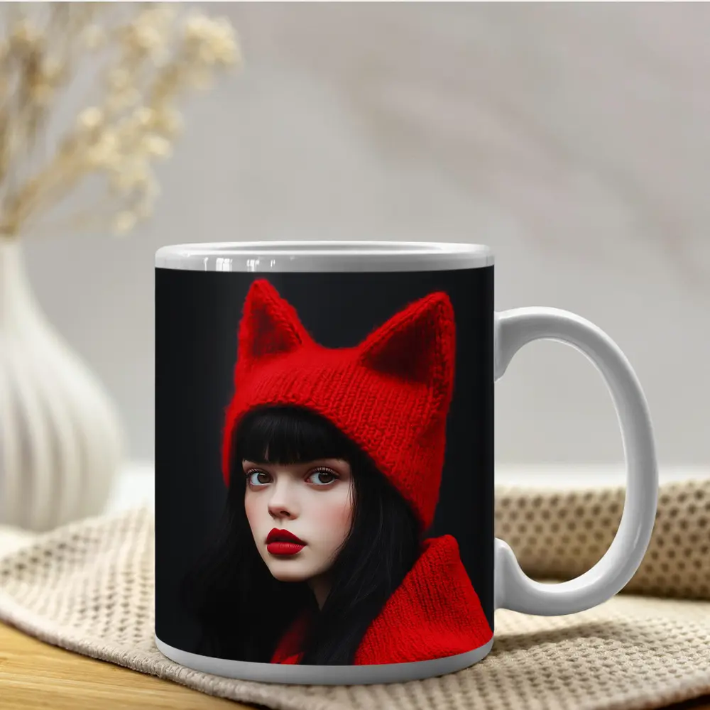 Girl Red Cat Ear Knit Hat Portrait – Mugs
