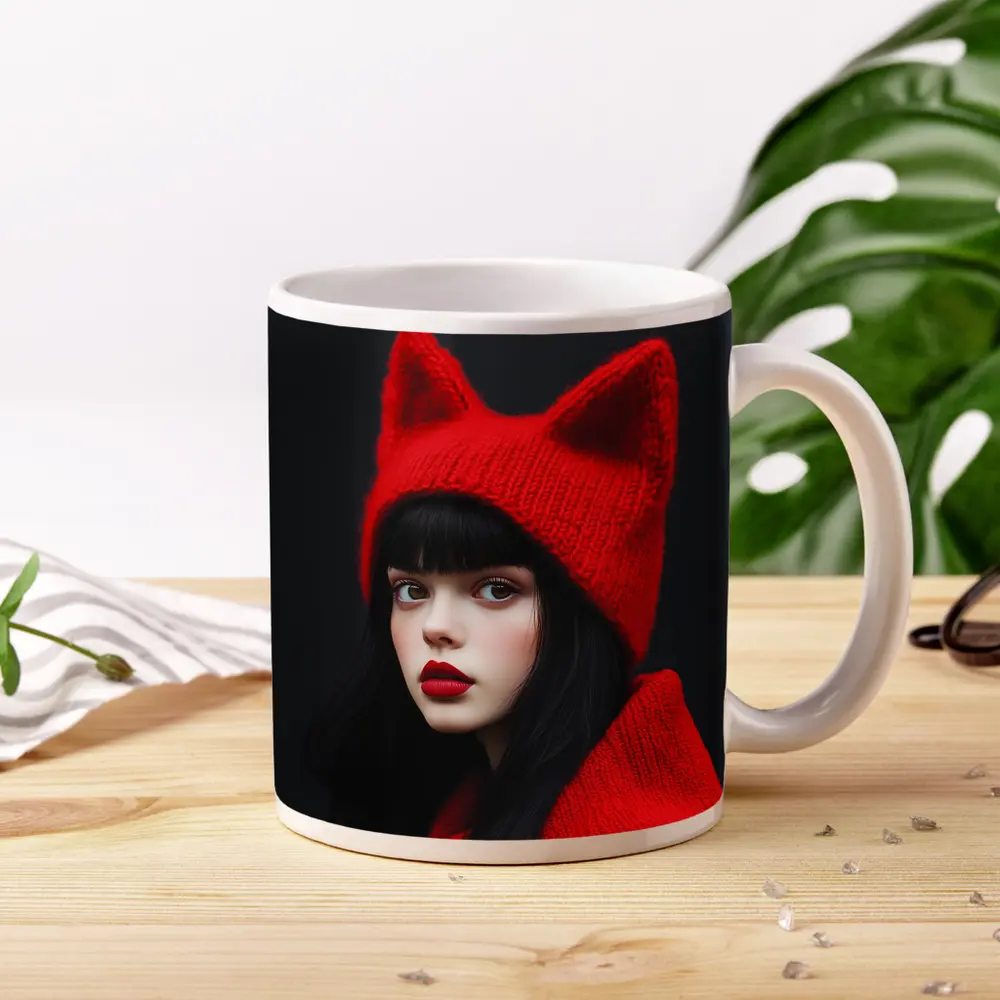 Girl Red Cat Ear Knit Hat Portrait – Mugs